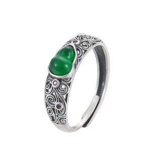 Retro Sliver Adjustable Ring With Jade